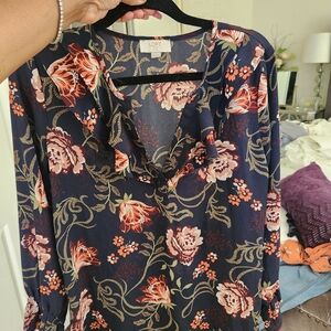 LOFT Navy and Pink Floral Blouse